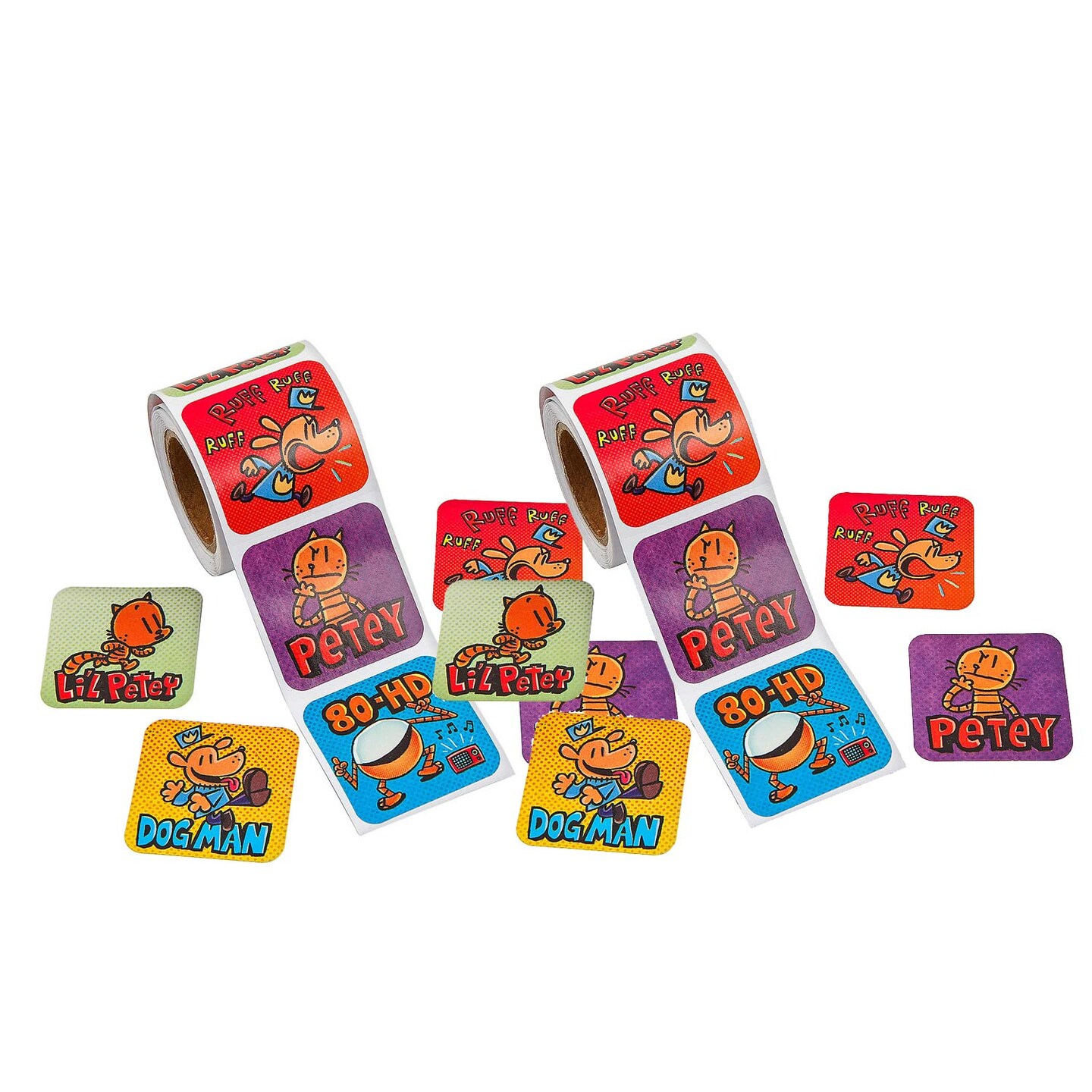 Dog Man Characters Sticker Roll 100 Pieces 1 1/2" x 1 1/2" Fan-Favorite Stickers