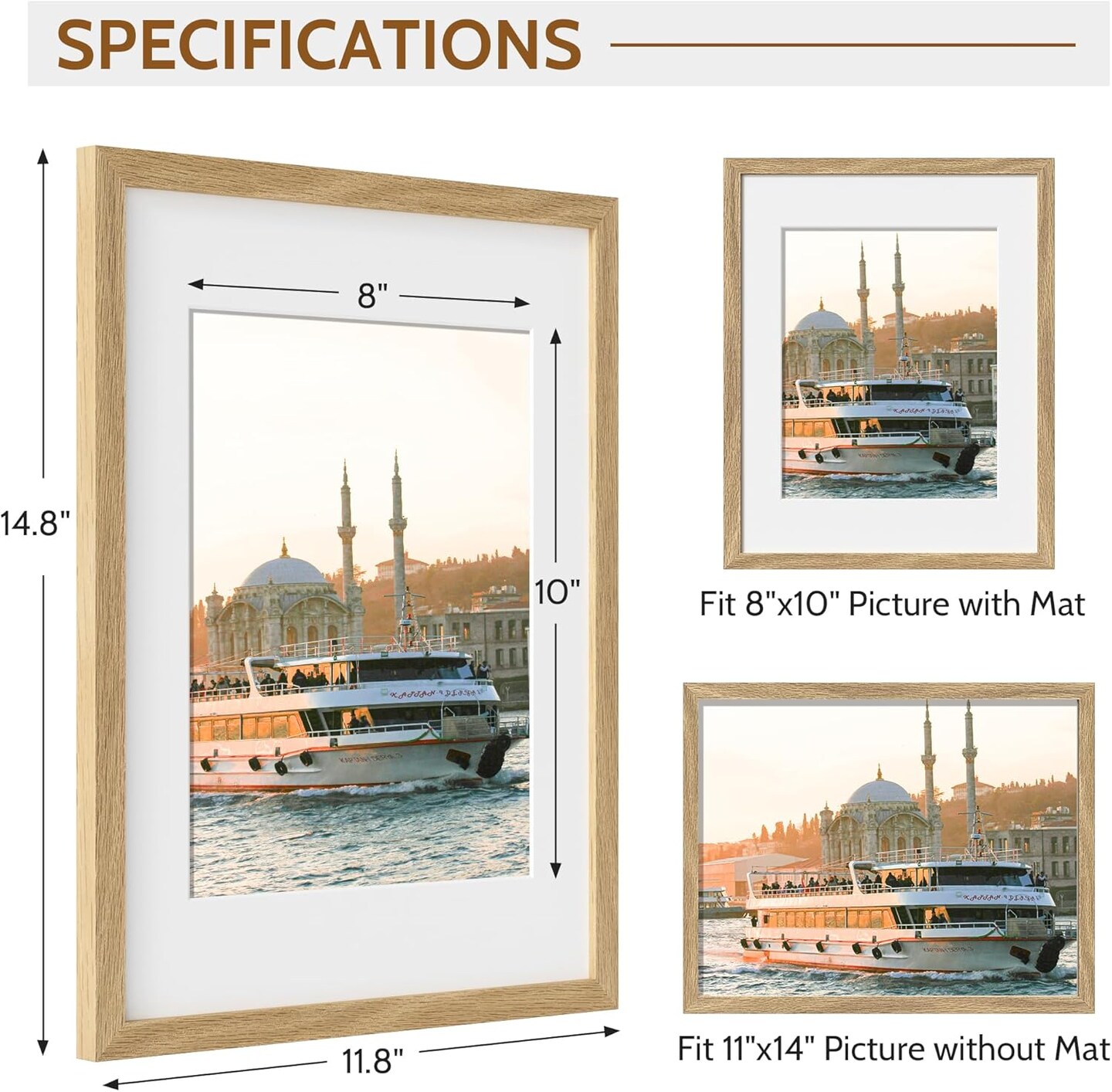 11x14 Picture Frame Solid Oak Natural Wood Frame Wood Picture Frames Mat for 8x10 for Wall &#x26; Tabletop Wall Hook Display,Natural Color 1P