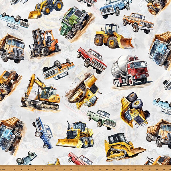 Fabric Hoffman Light Gray Truck Toss Hammer Down by the Quarter Yard X5639-674