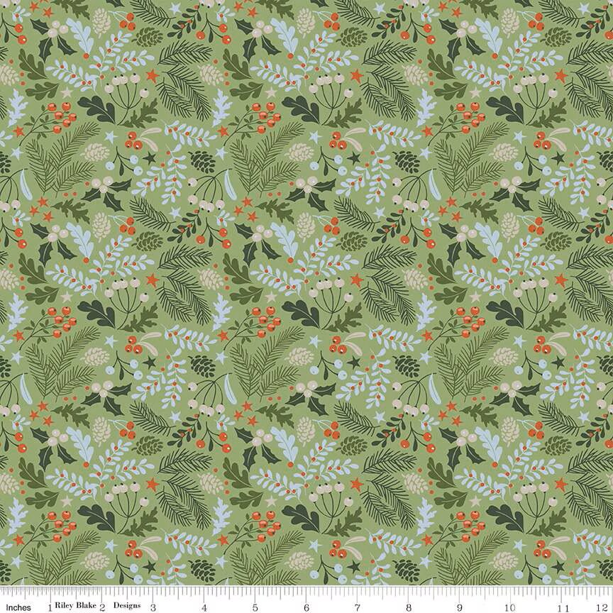 Fabric Riley Blake Green Berries & Boughs Santa's Tree Farm by the Quarter Yard C16452-GREEN