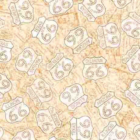Fabric QT Tan Route 66 Signs Get Your Kicks 2026 by the Quarter Yard 31671-E