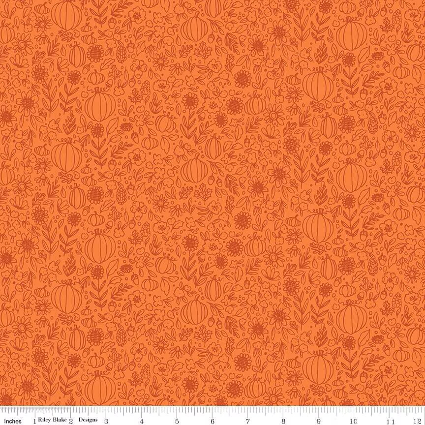 Fabric Riley Blake Orange Floral Outline Happy Fall Days by the Quarter Yard C16344-ORANGE