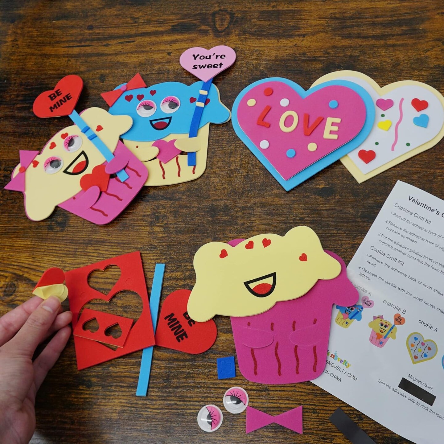 4E's Novelty Valentines Crafts for Kids – Foam Cupcake & Heart Cookie Magnet Kit (Makes 12), Self-Adhesive DIY Craft for Classroom Parties, Individually Wrapped Valentine Activity Bulk Set