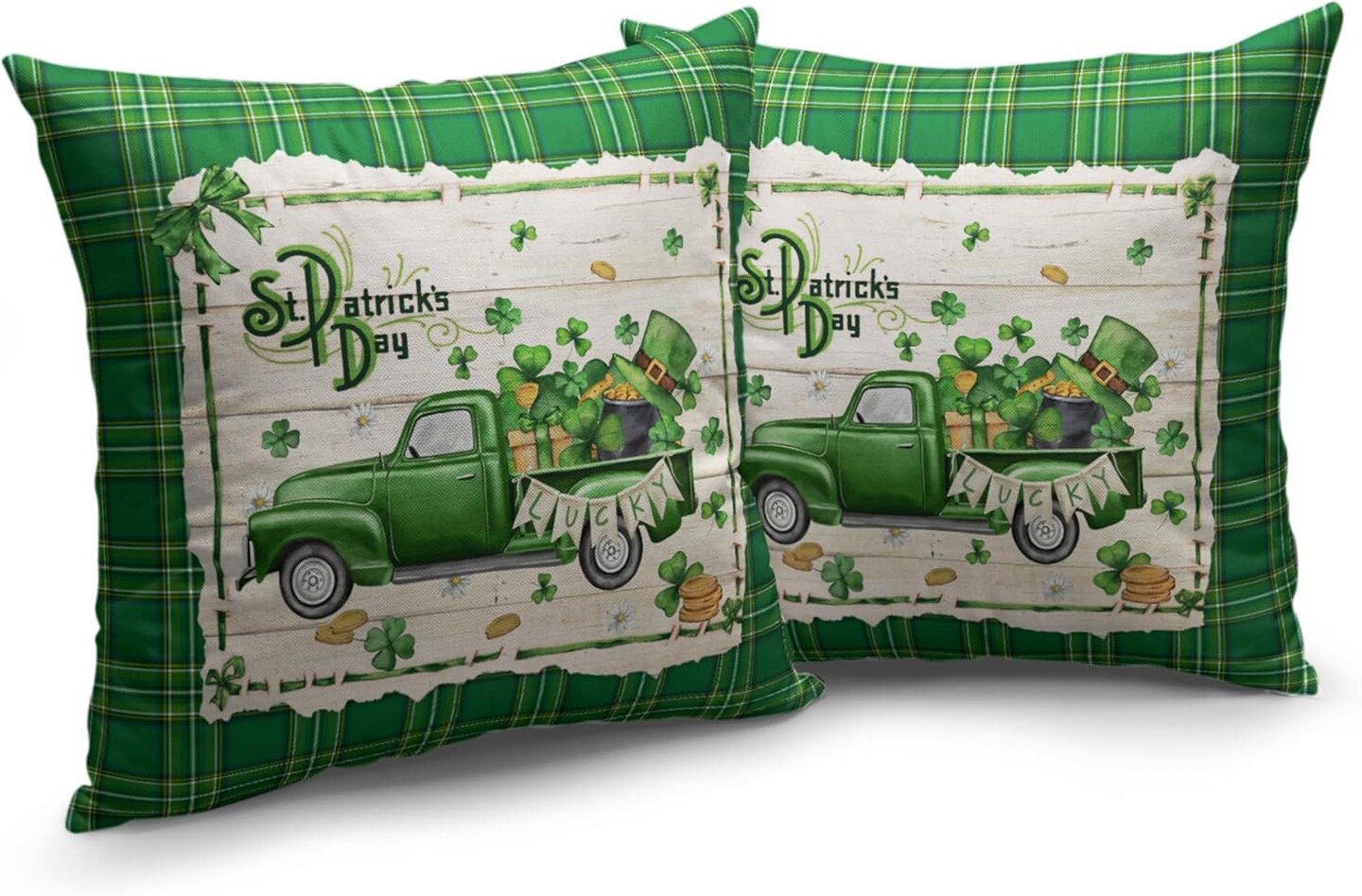 St Patricks Pillows Covers 18x18 Lucky Green Truck Filled with Shamrock Hat Gold Coin Throw Pillow Covers Green Buffalo Plaid
