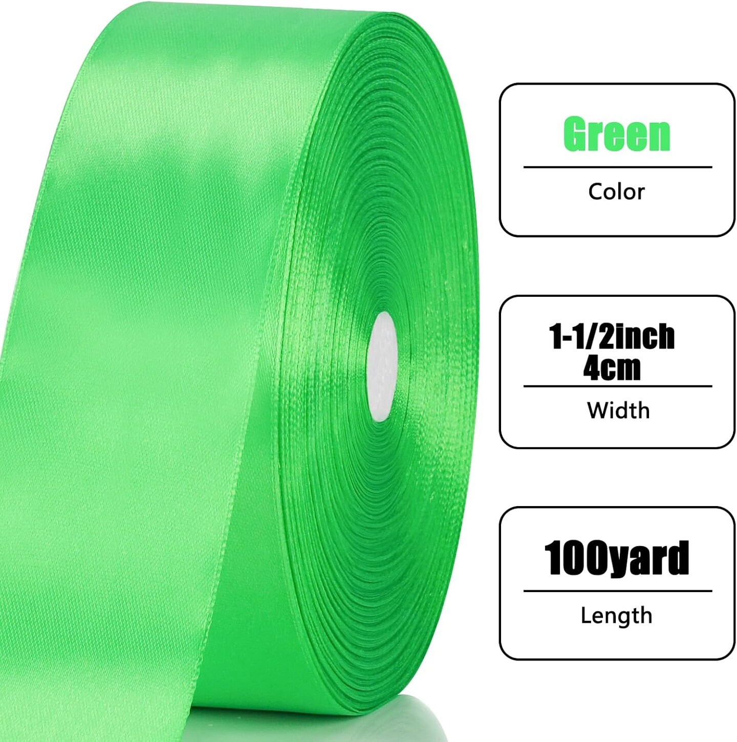 100 Yards Ribbon,1-1/2 Inch Green Satin Ribbon,Single Face Satin Ribbons,Perfect for Gift Wrapping,Wedding Decoration,Handmade Bows,Wrapping Bouquet and More