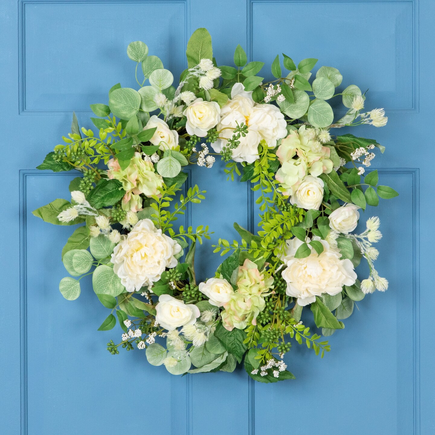 Northlight Hydrangea and Ranunculus Artificial Floral Eucalyptus Wreath - 23" - Cream and Green
