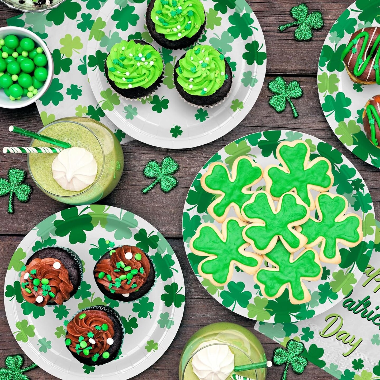 Irish Shamrock Themed Tableware Set, Paper Plates &#x26; Napkins for 50, St. Patrick&#x27;s Day Party Decorations, Disposable, Green, Decorative Plates, Pack