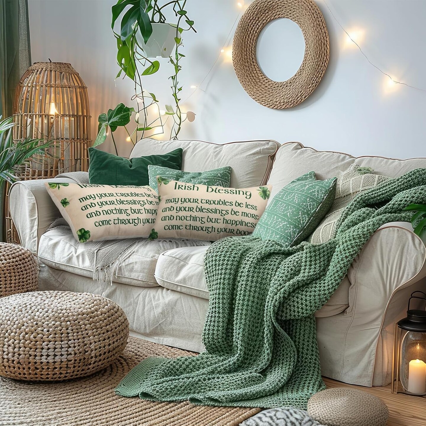 2 Pcs St. Patrick&#x27;s Day Irish Blessing Pillow Covers Green Clover Quote Decorative Throw Pillow Cover Case Linen