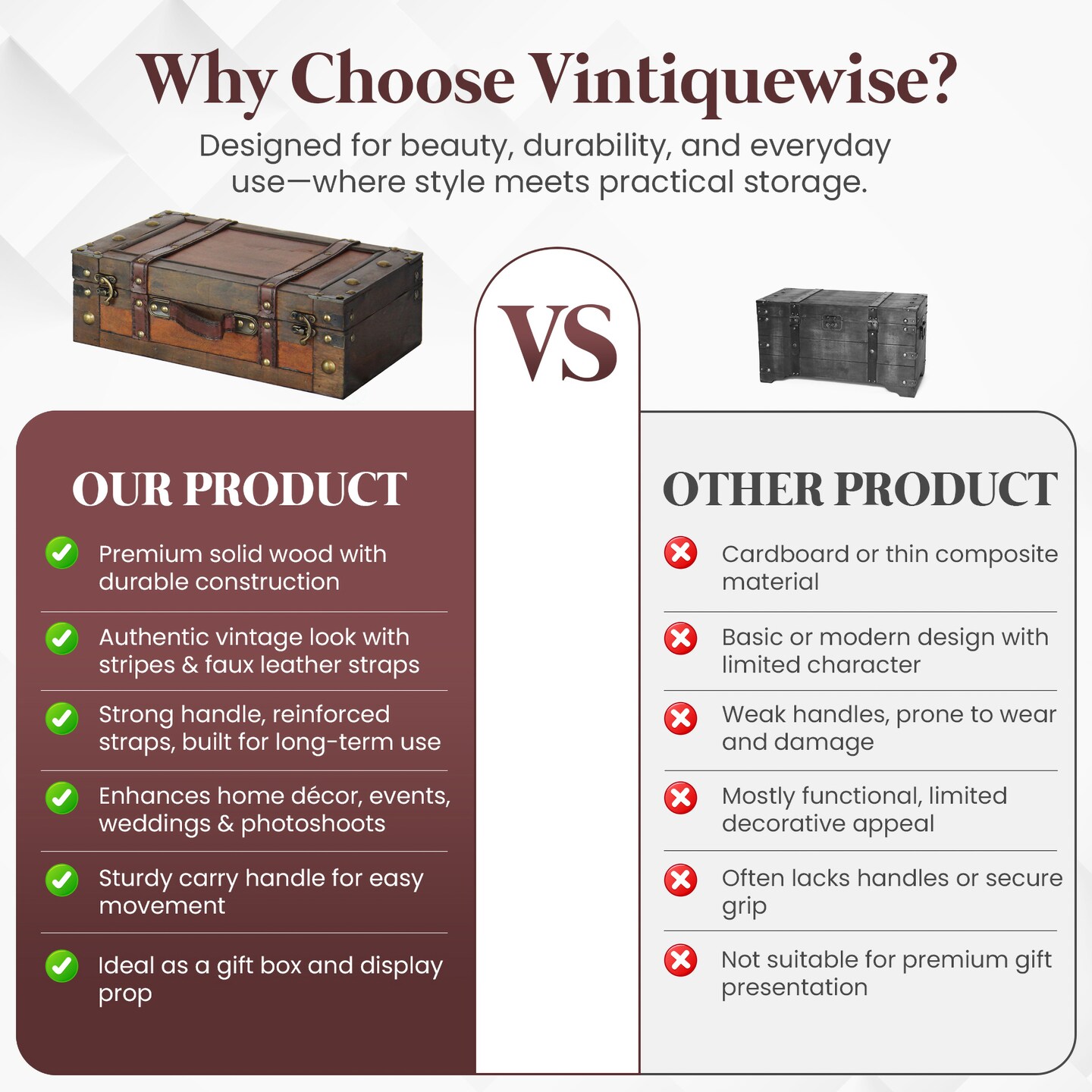 Wooden Vintage Luggage Trunks - Antique Carry-on Suitcase Storage Box with Hinged Lids, Old-Fashioned Decorative Box