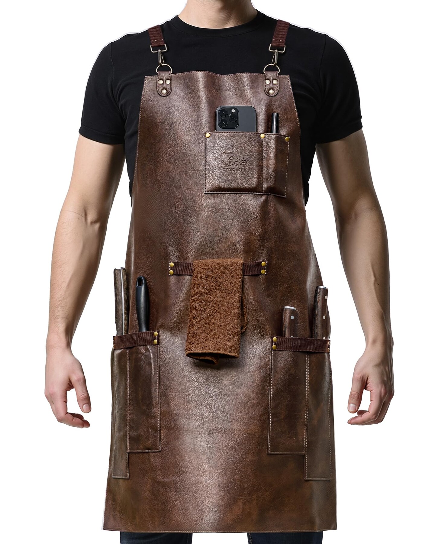 Leather Chef Cooking Apron for Men, Cross Back Apron for All-Day Comfort, Waterproof Apron with Multiple Pockets, Great for Kitchen, Baking, BBQ, Butcher Work or Crafts, Ideal Gift