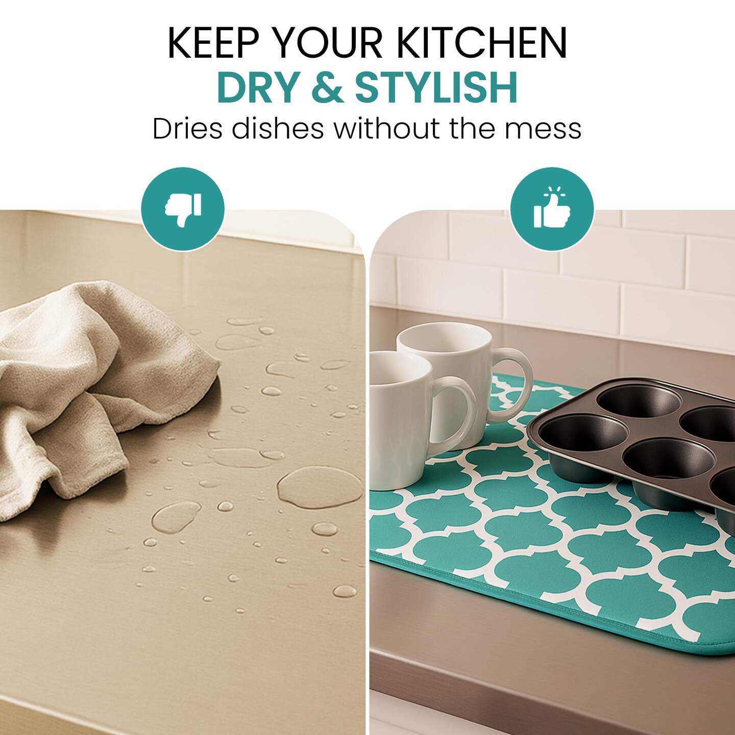 Dish Drying Mat - Microfiber Kitchen Counter Mat, Super Absorbent & Quick Dry Dish Drying Pad for Dishes, Utensils, Pots & Pans - Large Reversible Drying Mat for Kitchen Countertops, Coffee Bar, Green
