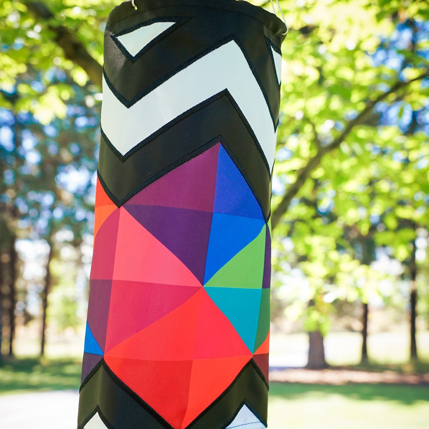 In the Breeze 5270 — Geometric Black & White 40-inch Illusion Windsock — Abstract Decor, Embroidered Details, Fully Printed Tails