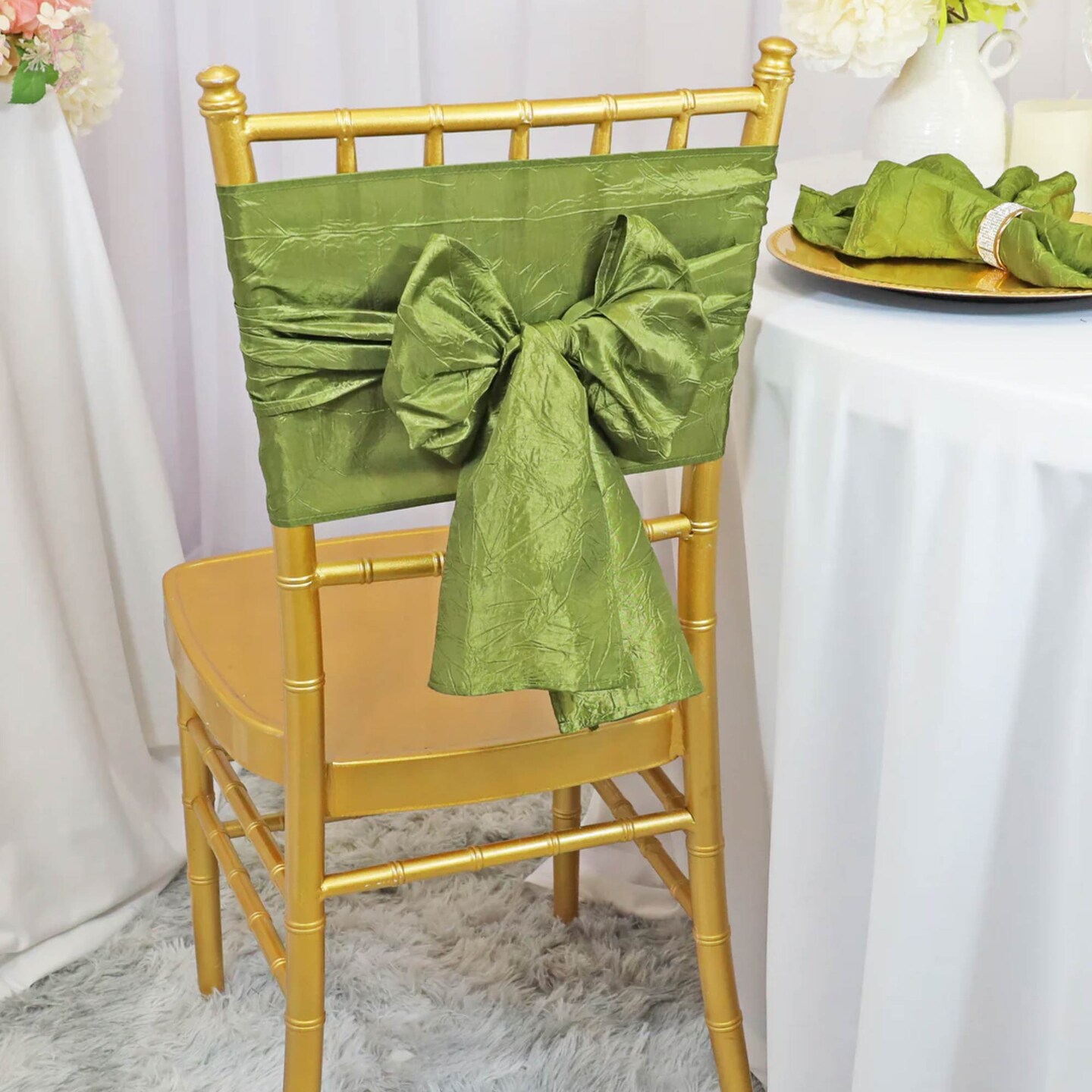 10 Pieces Moss Green Crushed Taffeta Chair Sashes 9.5x108"
