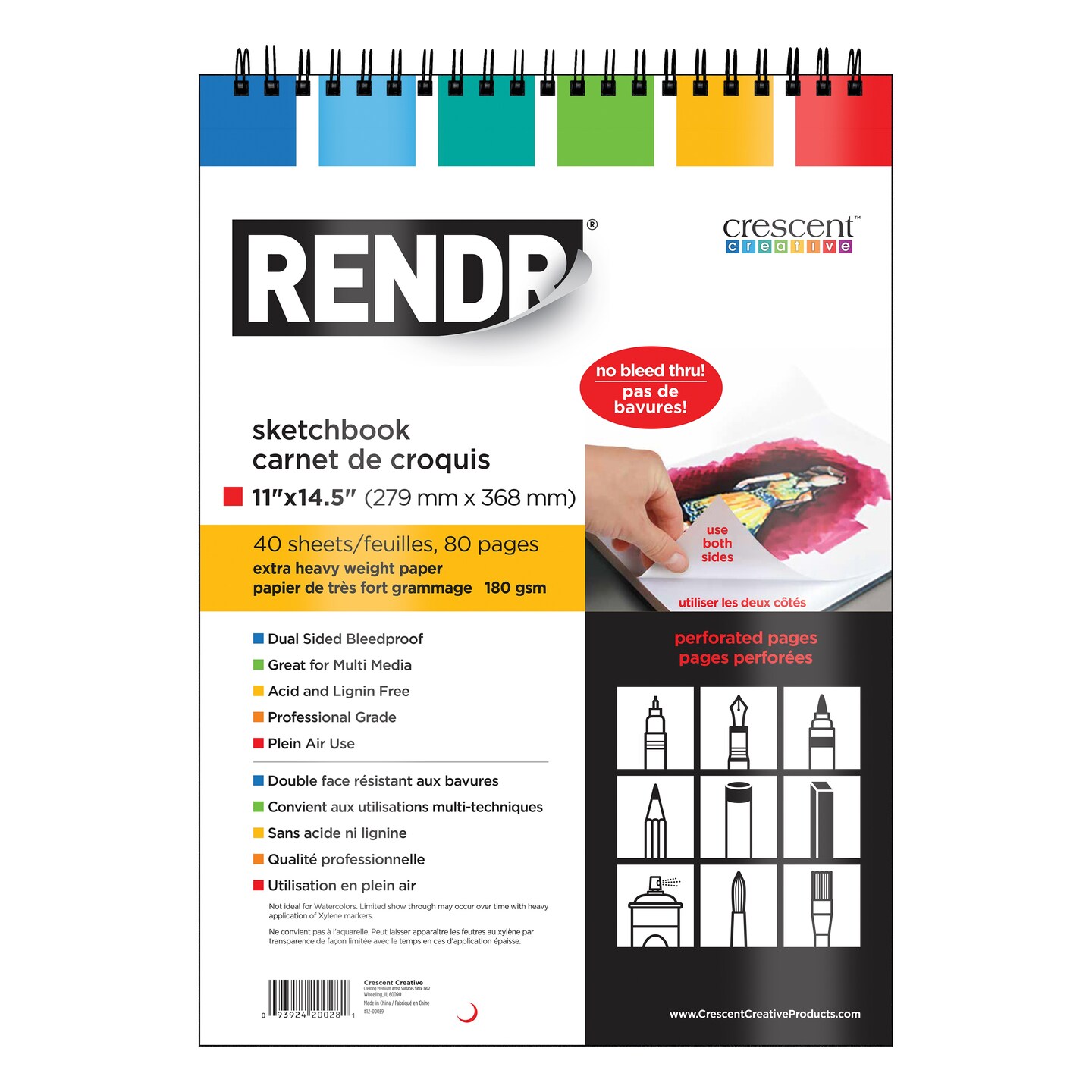 Rendr No Show Thru Wire Bound Perforated Sketchbook-11&#x22;x14&#x22;, 40 Sheets