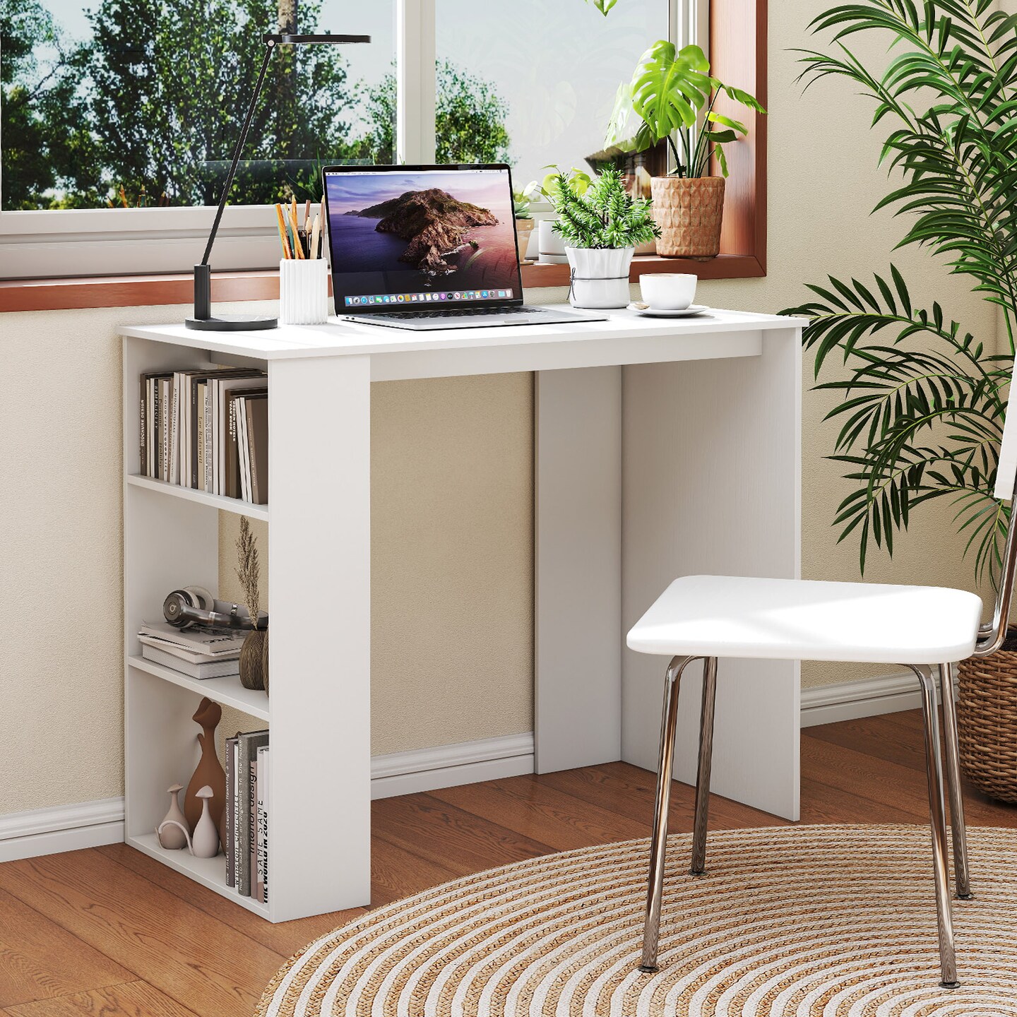 Space-Saving Computer Desk with Side Bookshelf for Small Rooms and Offices