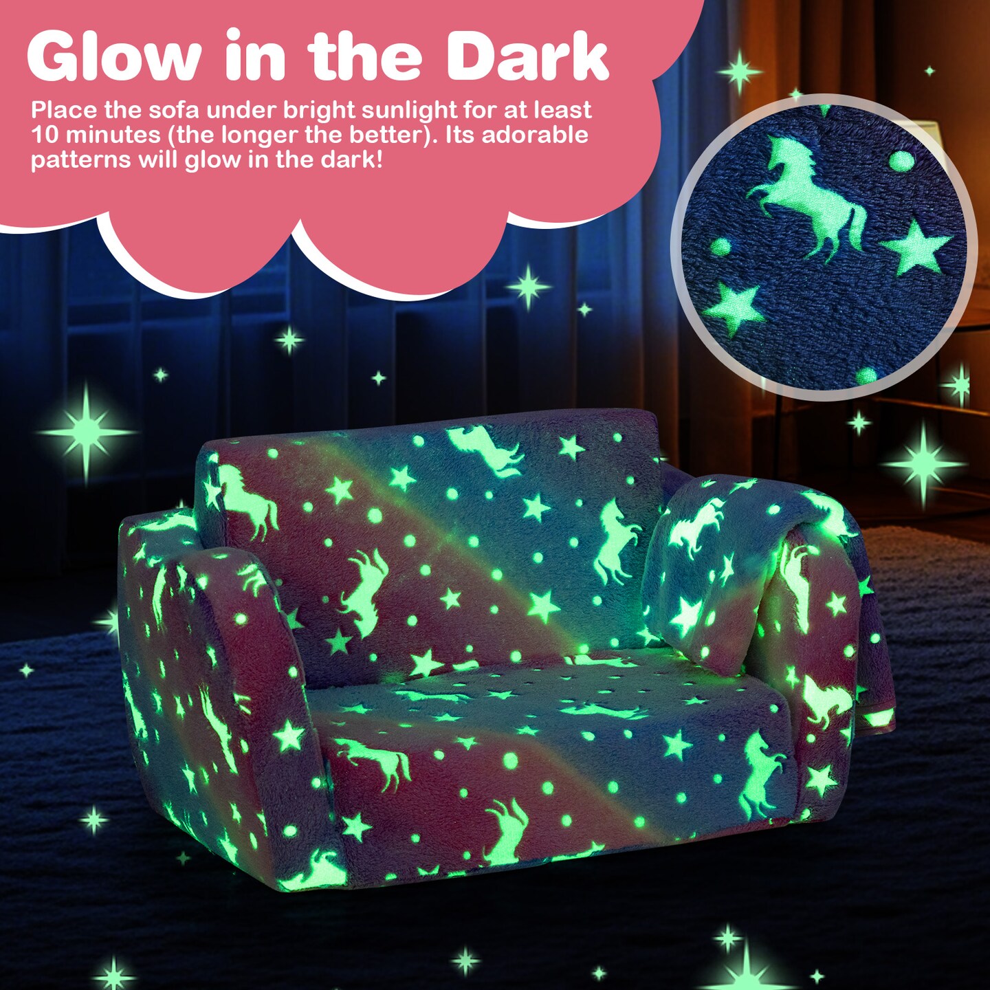 Flannel Fabric Foldable Kids Couch with Glow-in-the-Dark Feature