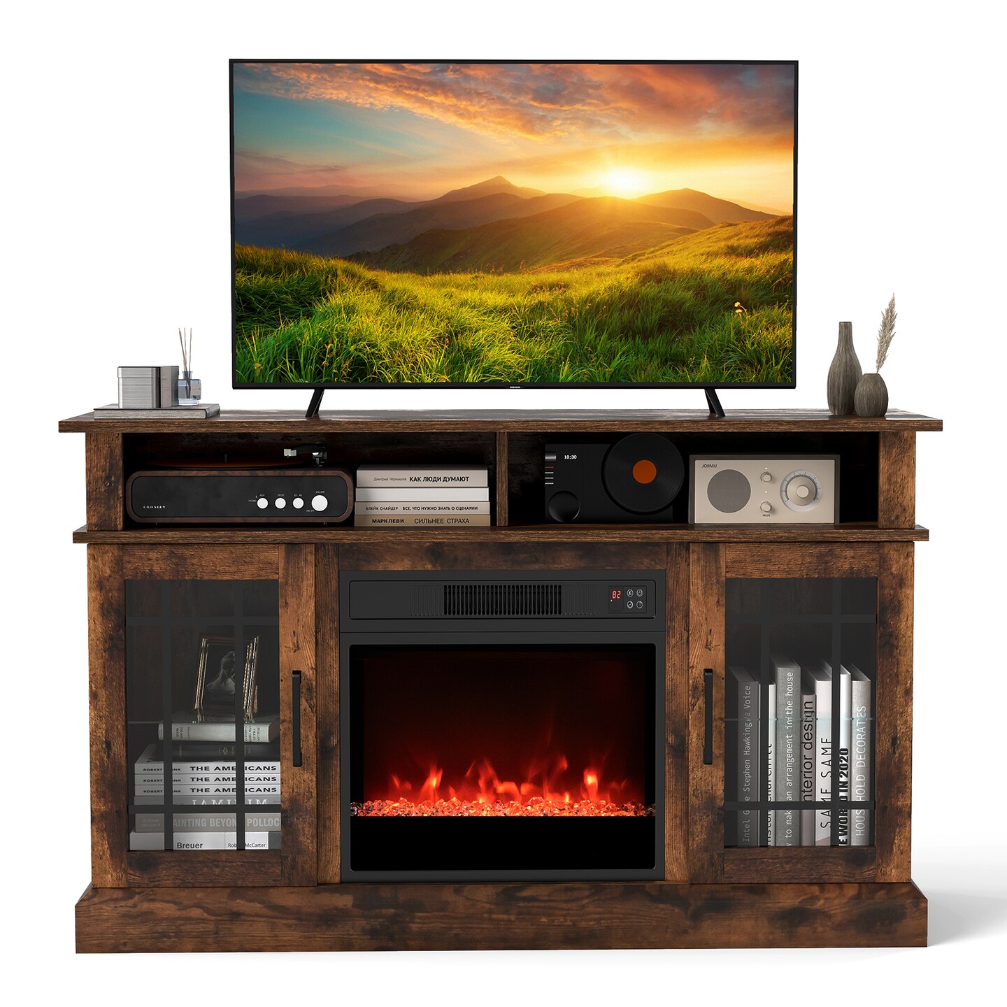 Fireplace Console Rustic Electric Fireplace Media Console for TVs Up to 55 Inches, Color: Rustic ...