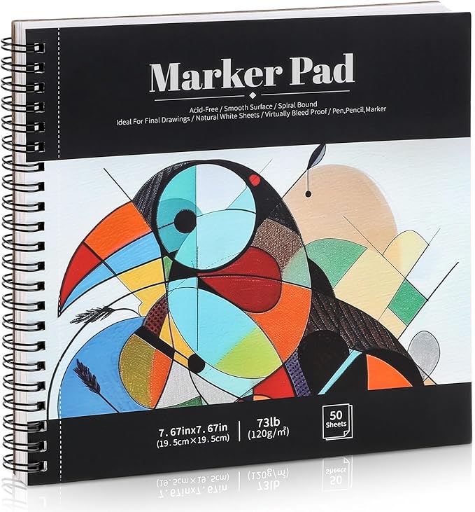 50 Sheets Marker Paper Pad, 7.6×7.6 Inch Bleedproof Art Sketch Pad, 73lb/120gsm Drawing Paper Spiral Sketch Book