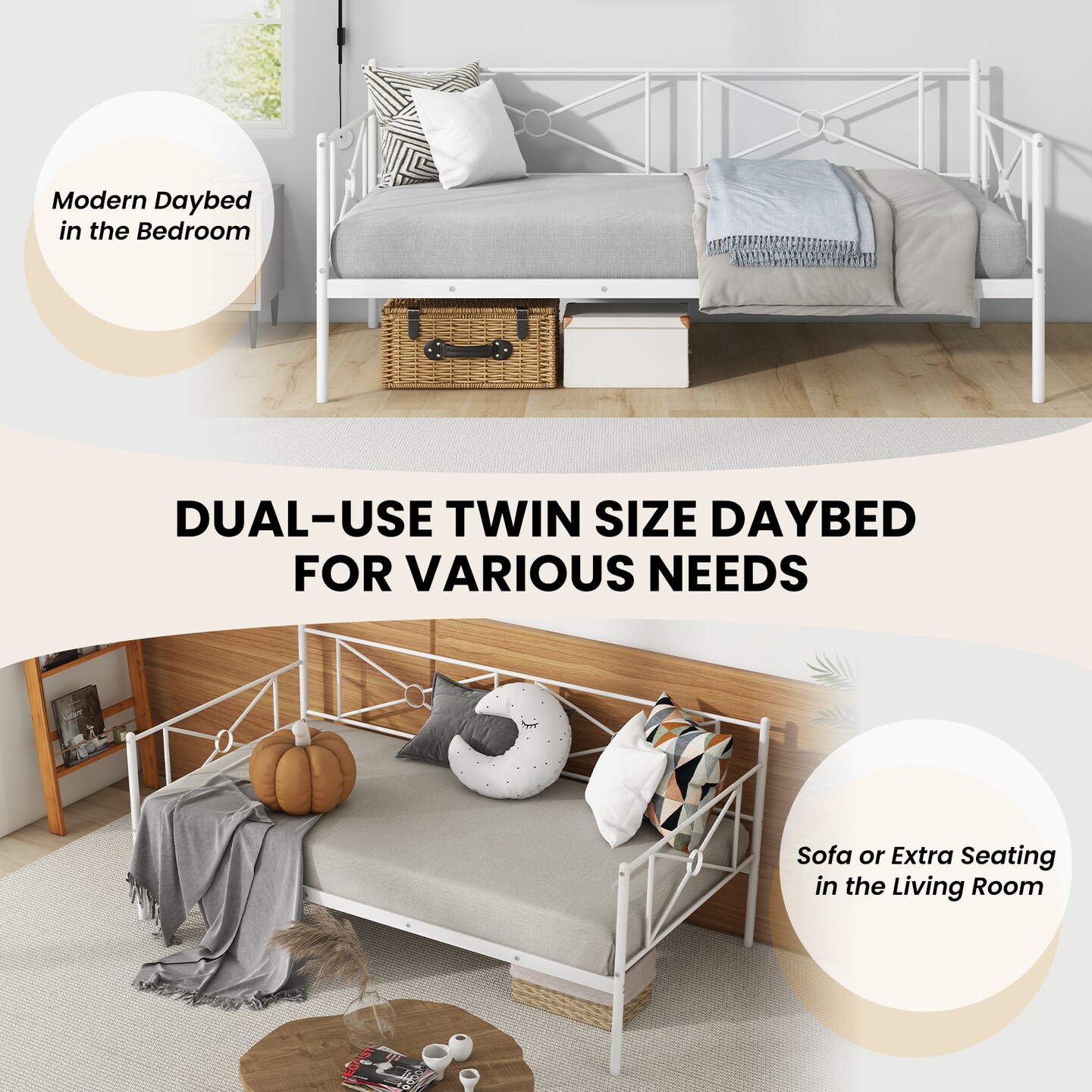 White Metal Twin Size Daybed Frame with Steel Construction Under-bed Storage and Victorian Style Design