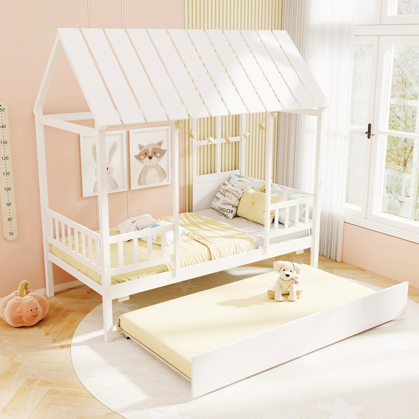 Kids&#x27; White House Bed with Trundle Sturdy Pine Wood and Safe Sleep Design Fun and Practical Bed for Children