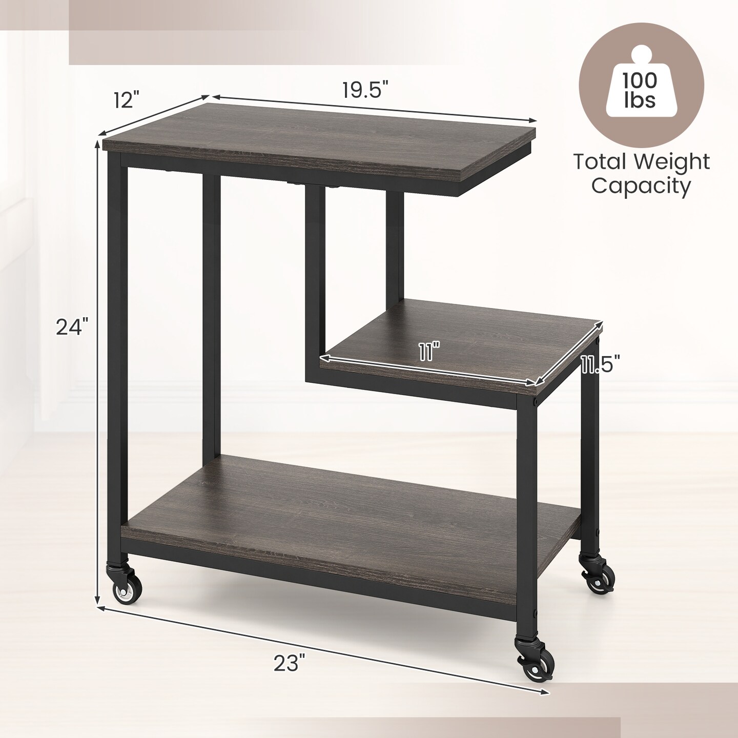 3-Tier G-Shaped End Table with Open Shelves and Mobile Casters for Home Use