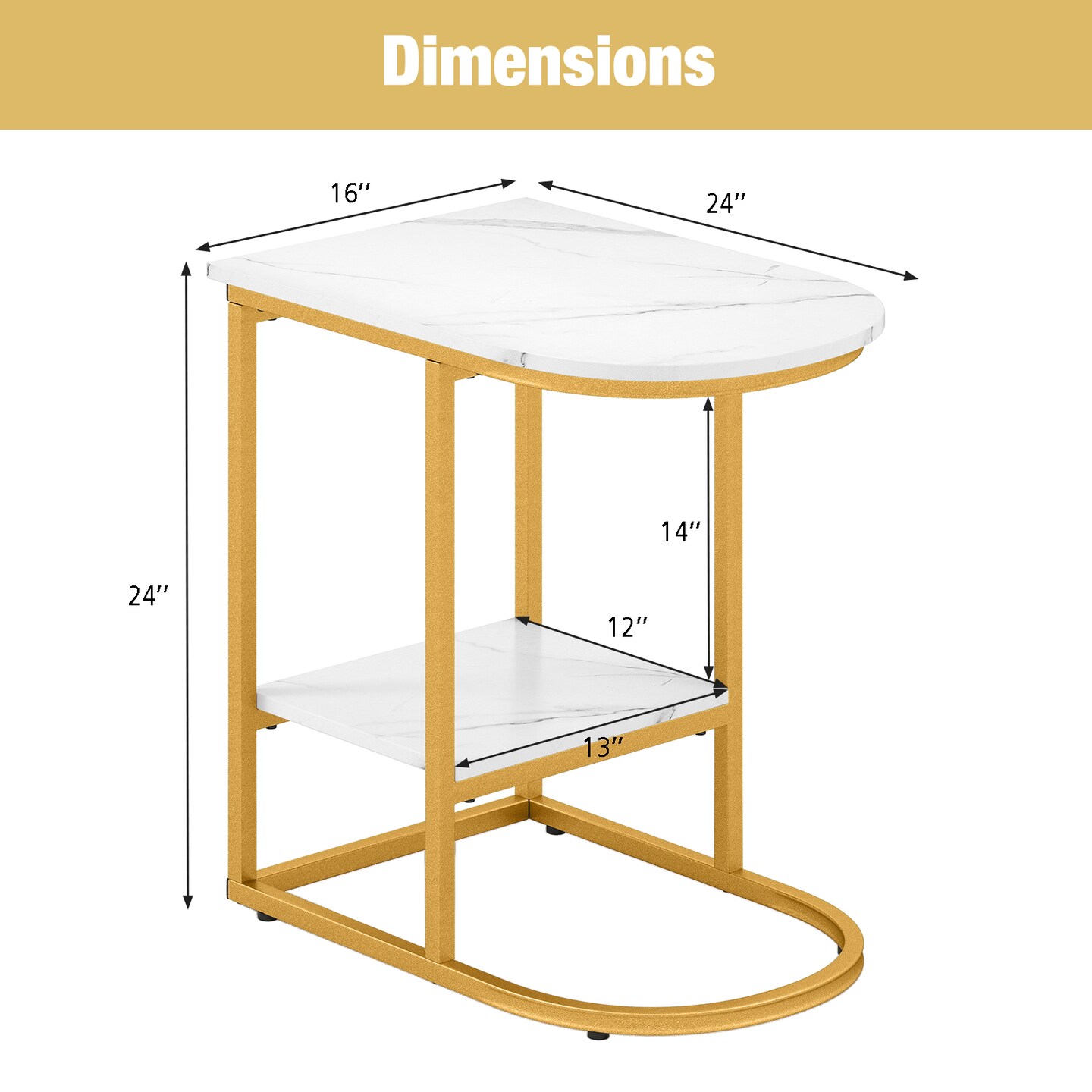 Modern C-shaped Side Table with Faux Marble Top and 2-Tier Storage Shelf