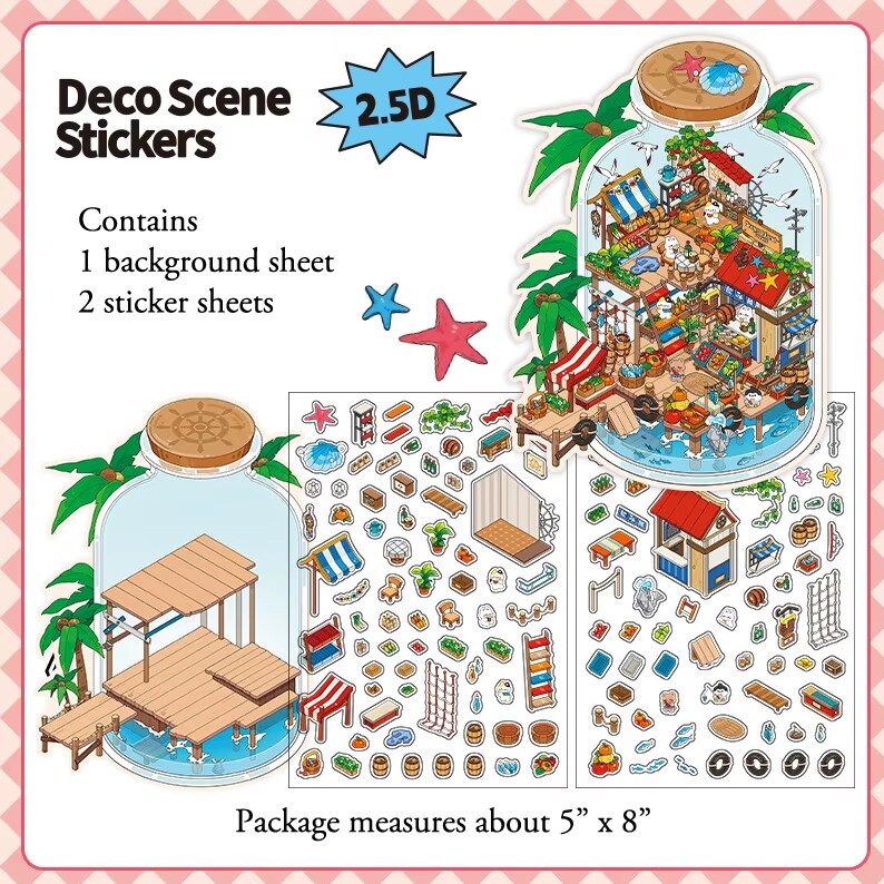 Seaside Dock Market Landscape Stickers, Isometric Room Stickers, Adorabilities