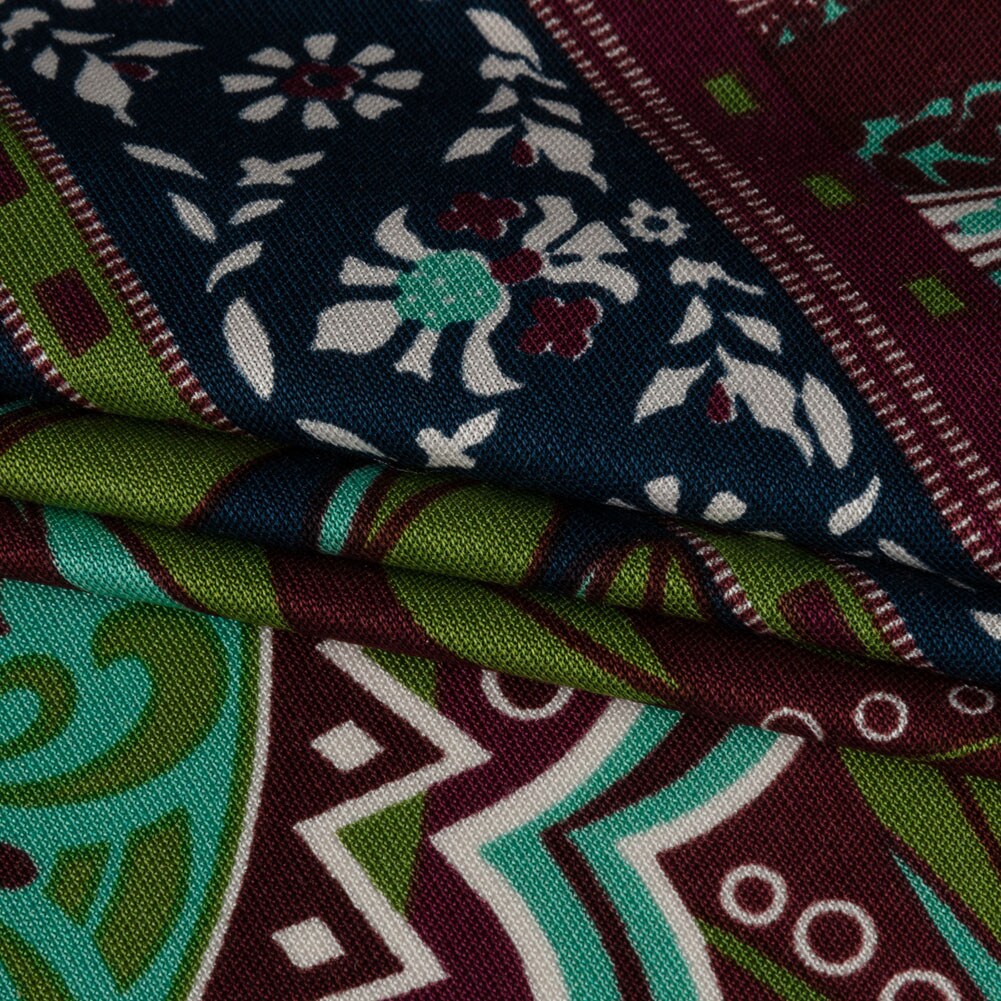 1 Yard Burgundy Green Navy Palm Leaf Mandalas and Classical Stripe Border Silk Jersey 44" Wide