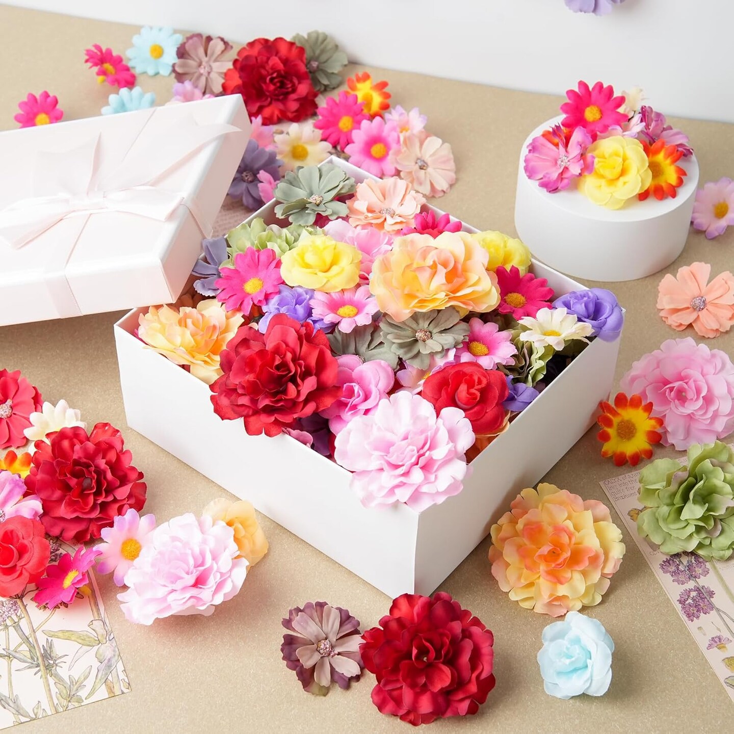 210 Pcs Mini Silk Flower Heads Small Fake Rose Daisy Faux Flowers (Bright Colors Mixed) 8"D x 4"W x 5"H