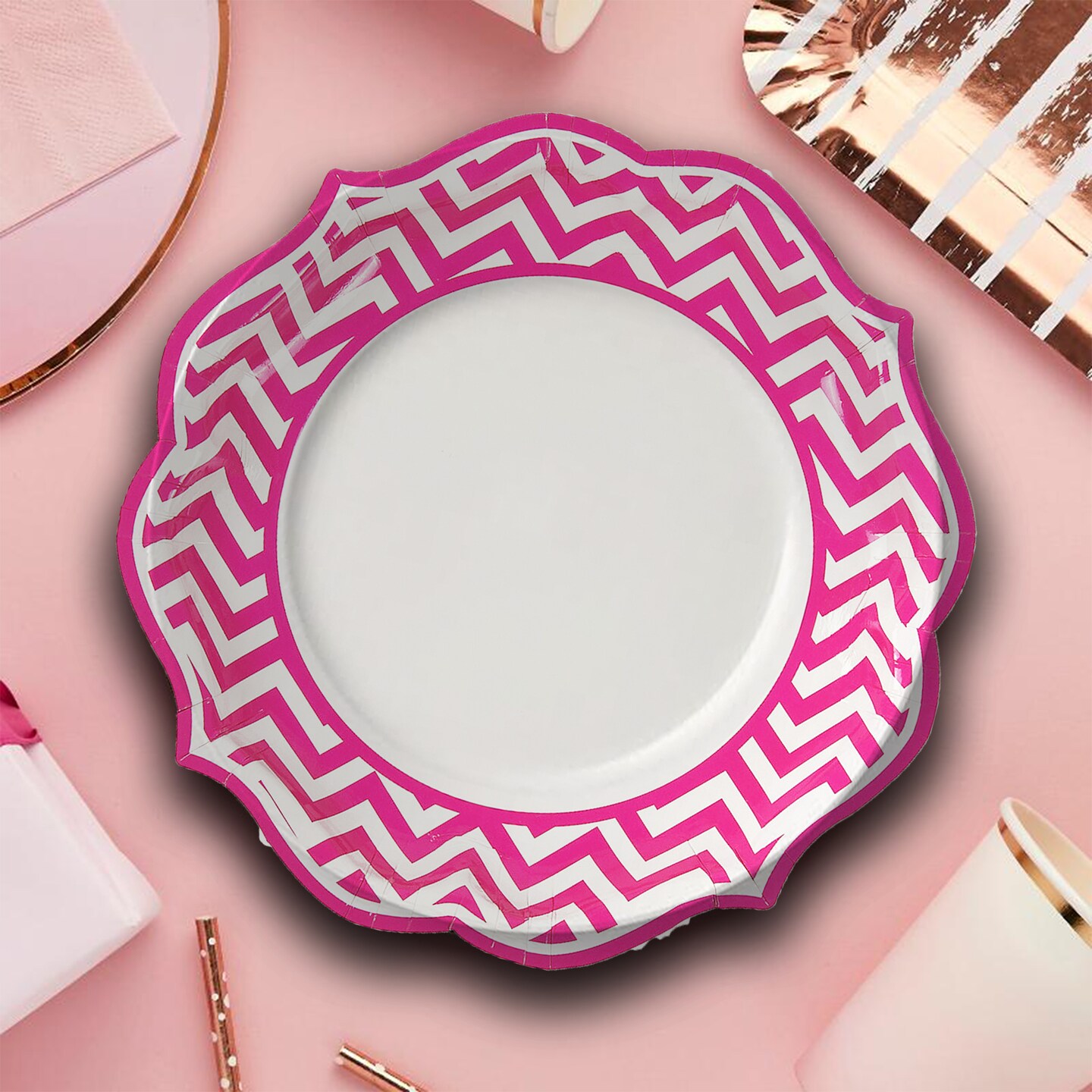 8 Ct.Chevron Zigzag Stripes Scalloped Paper Dinner Party Plates Elegant 10"