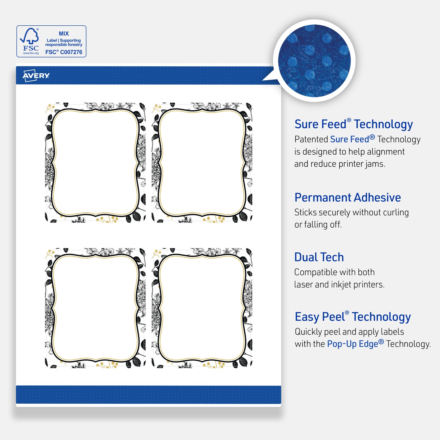 Avery Printable Rectangle Labels, 4" x 3-1/3", Matte White, Pre-printed Flourished Gold & Black Florals Design, Sure Feed Technology, Laser & Inkjet Compatible, 80 Total