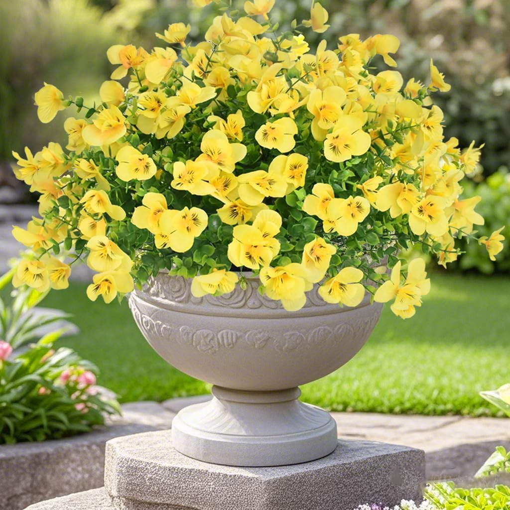 10 Bundles Fake Flowers Pansy,Artificial Plants Outdoor UV Resistant,Plastic Faux Silk Flower for Outside Home Planter Porch Window Box Yard Decoration-Yellow