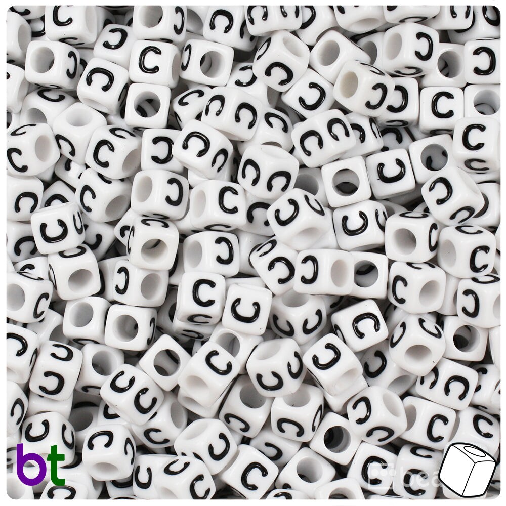 BeadTin White Opaque 6mm Cube Plastic Alpha Beads - Black Letter C (80pcs)