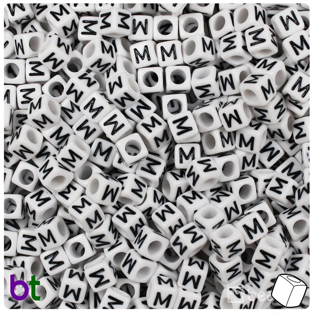 BeadTin White Opaque 6mm Cube Plastic Alpha Beads - Black Letter M (80pcs)
