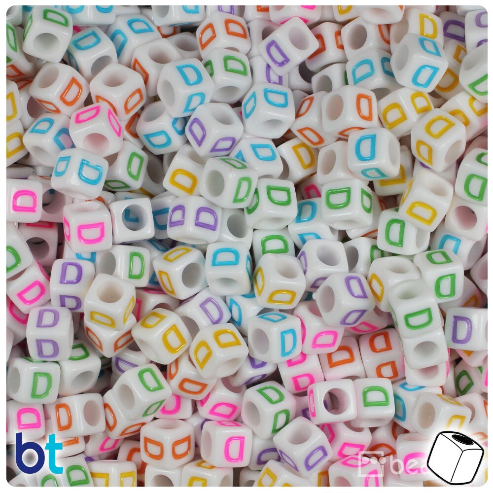 BeadTin White Opaque 6mm Cube Plastic Alpha Beads - Colored Letter D (80pcs)