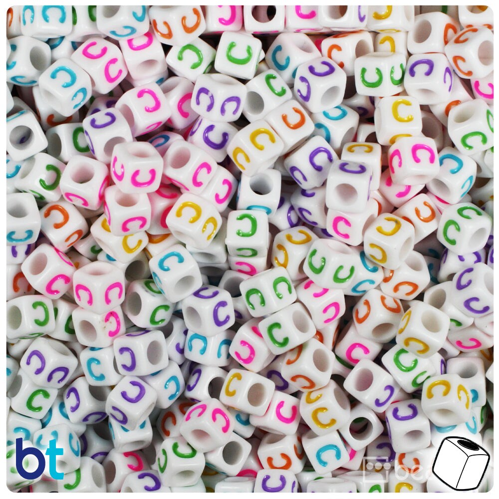 BeadTin White Opaque 6mm Cube Plastic Alpha Beads - Colored Letter C (80pcs)