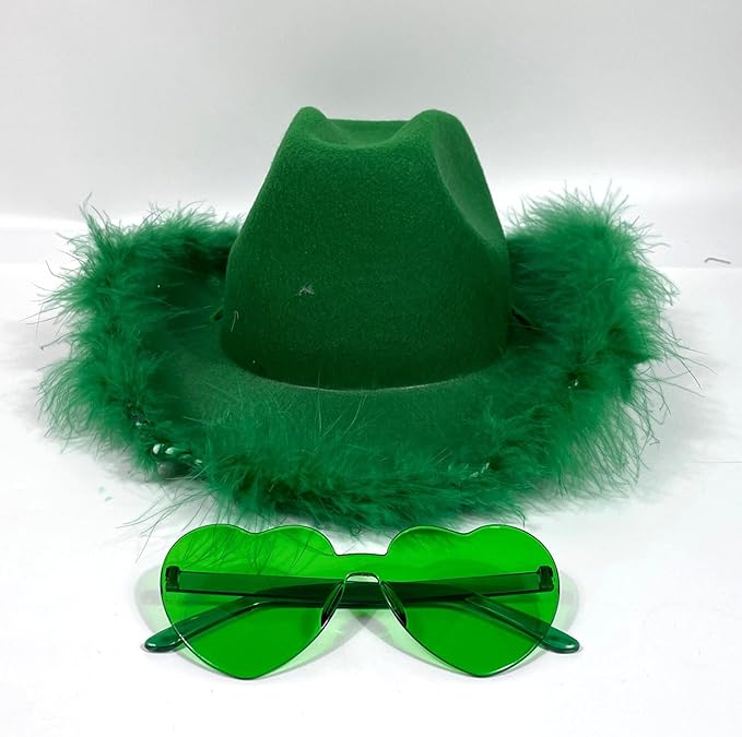 4E&#x2019;s Novelty Green Cowboy Hat with Feathers &#x26; Heart-Shaped Sunglasses - Perfect Cowboy Outfit Accessory, Cowboy Hat for Party Costume Dress Up