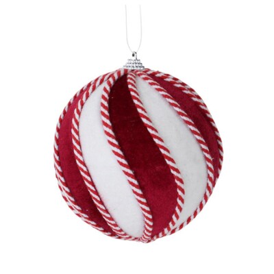 4.75&#x22; DIA Velvet Swirl Christmas Ornament - White, Burgundy, Red - Elegant Holiday Decor - Peppermint Themed Christmas - XJ4477