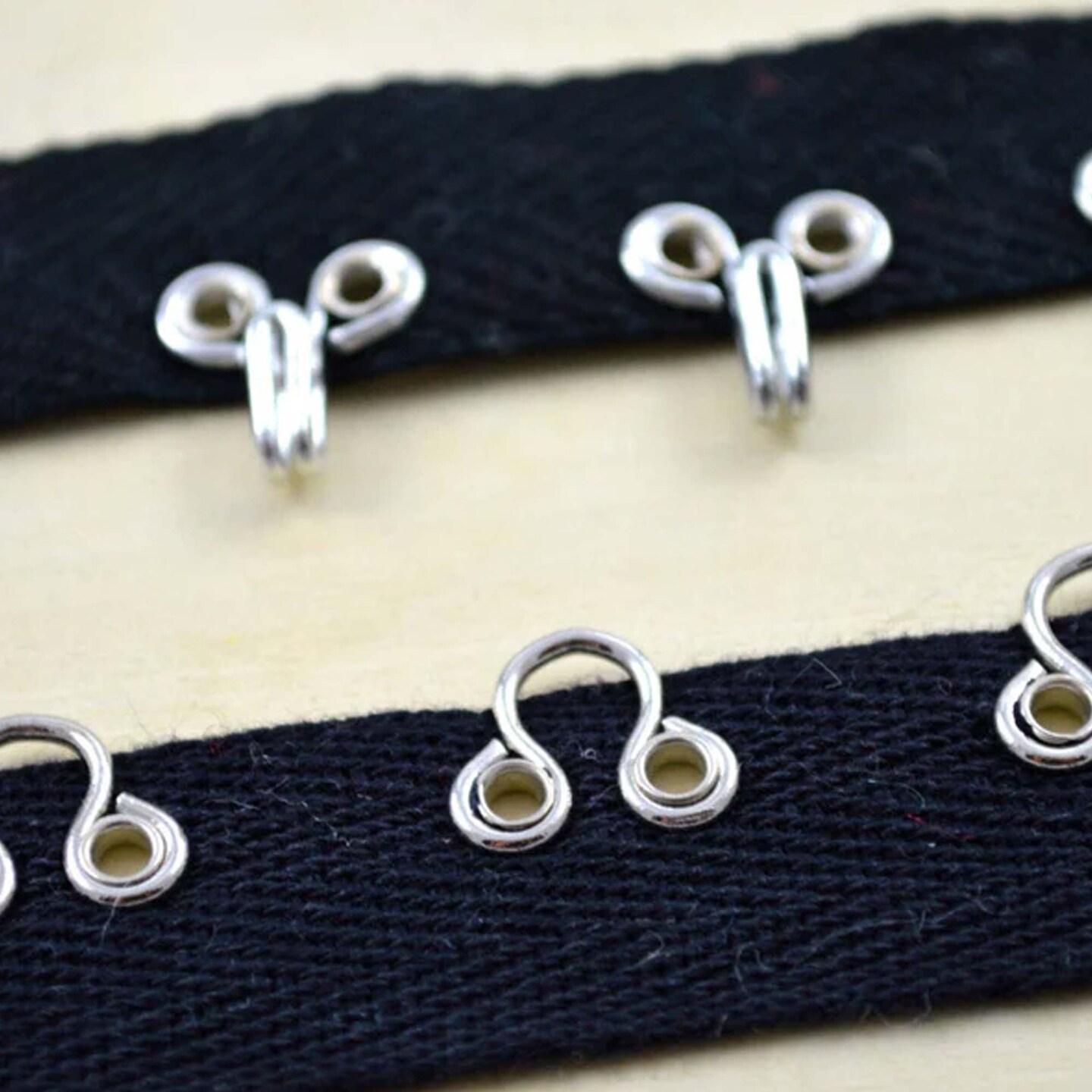 Black and Silver Heavy Duty Hook and Eye Tape 7/8&#x22; Cotton Twill Trim with Metal Closures