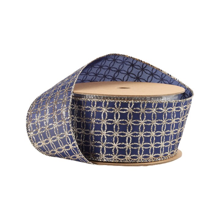 LaRibbons 2 1/2" Wired Ribbon | Gold Circle on Dark Blue | 10 Yard Roll