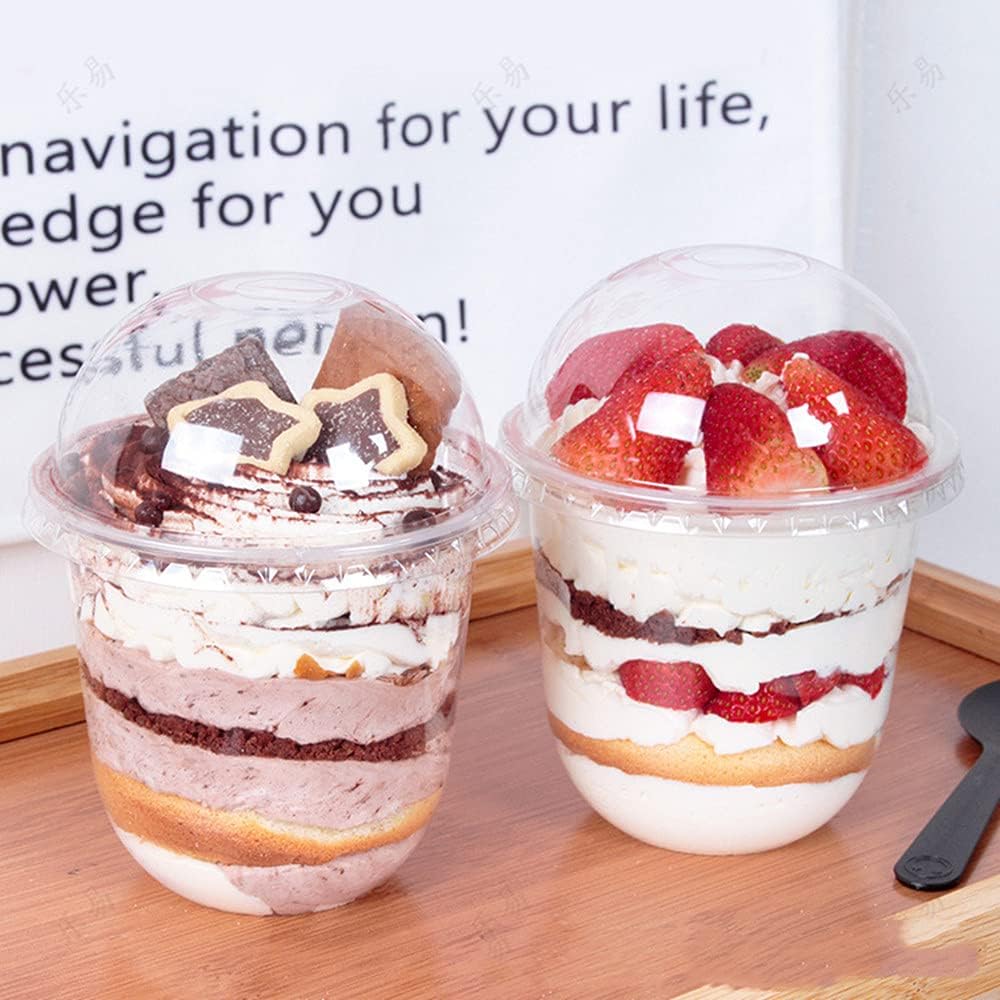 12oz Disposable Plastic Cups with Dome Lids (No Hole),50 pack Dessert Cups for Plastic Fruit, Ice Cream Cake and Mini Snack Bowls