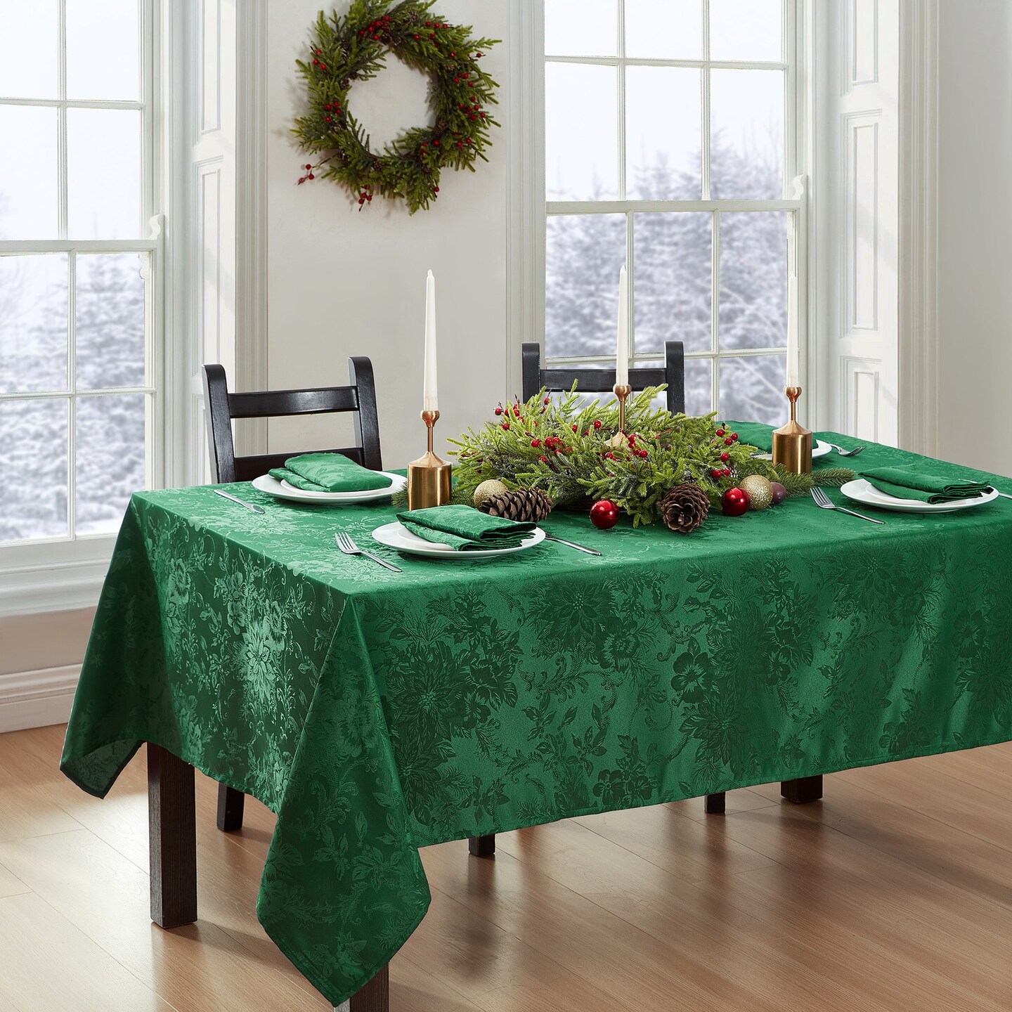 Threadmade Home Poinsettia Elegance Jacquard Holiday Tablecloth, Green - 52"W x 52"L Square