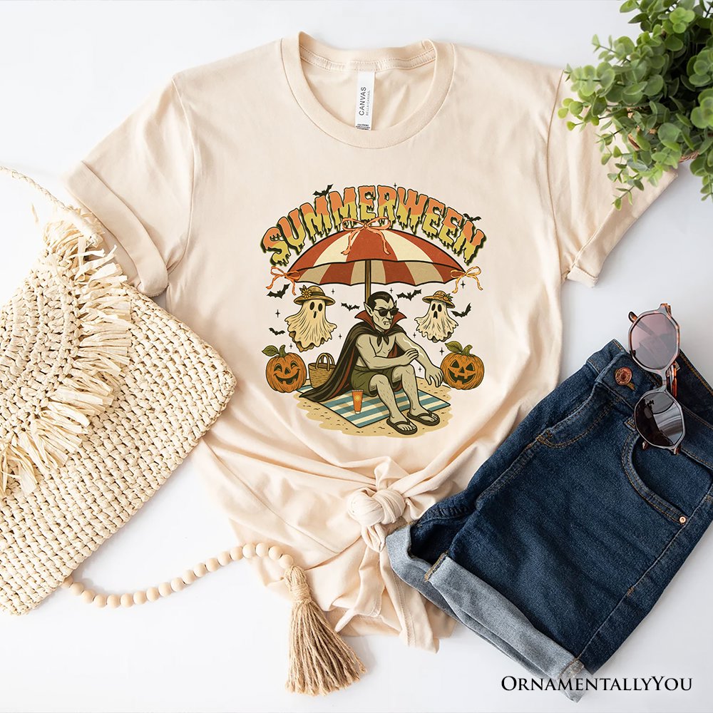 Summerween Vampire Dracula T-Shirt, Retro Halloween Beach Tee for Horror Spooky Summer Season