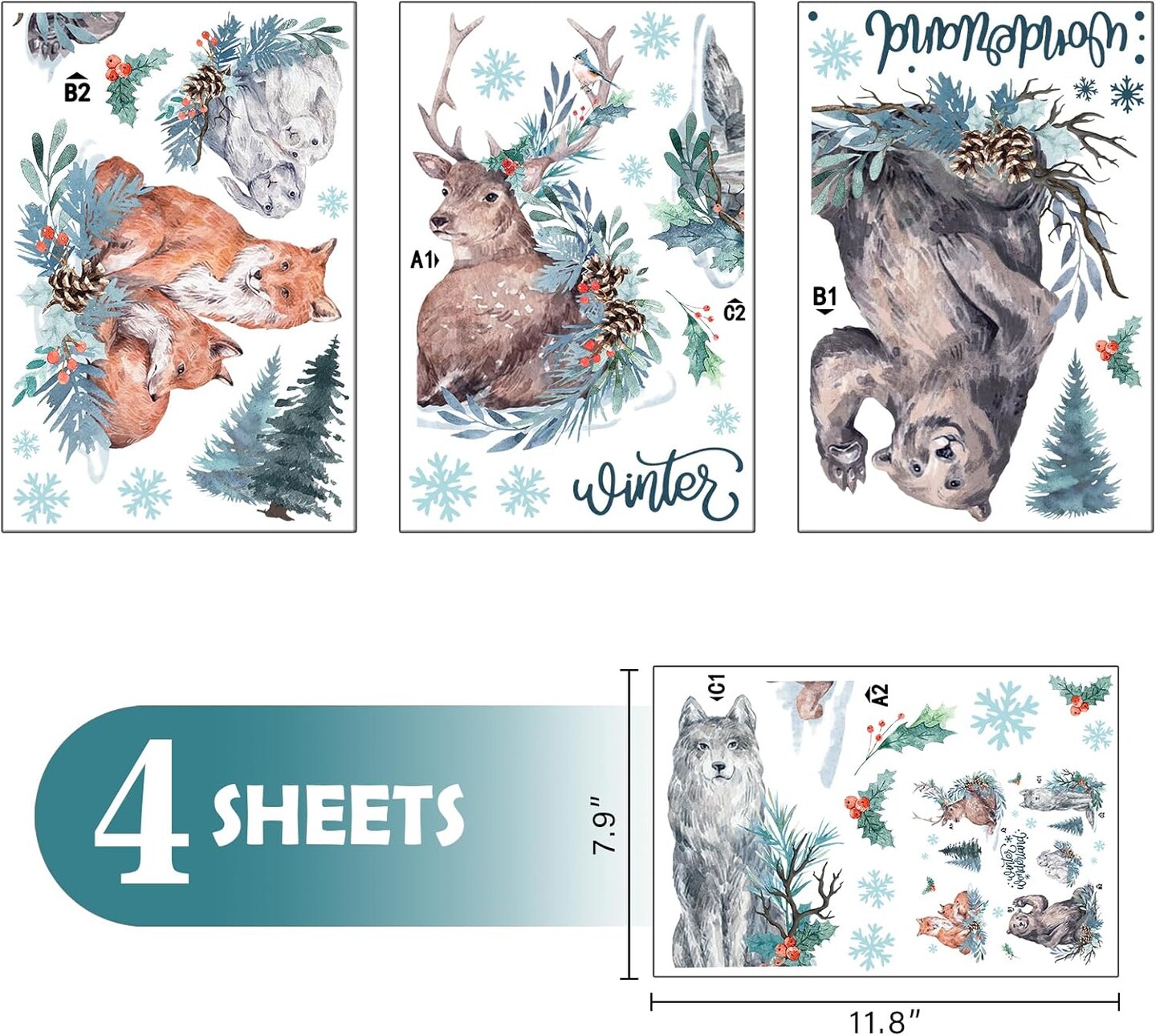 Winter Wonderland Animals Window Clings Decals - 4 Sheets