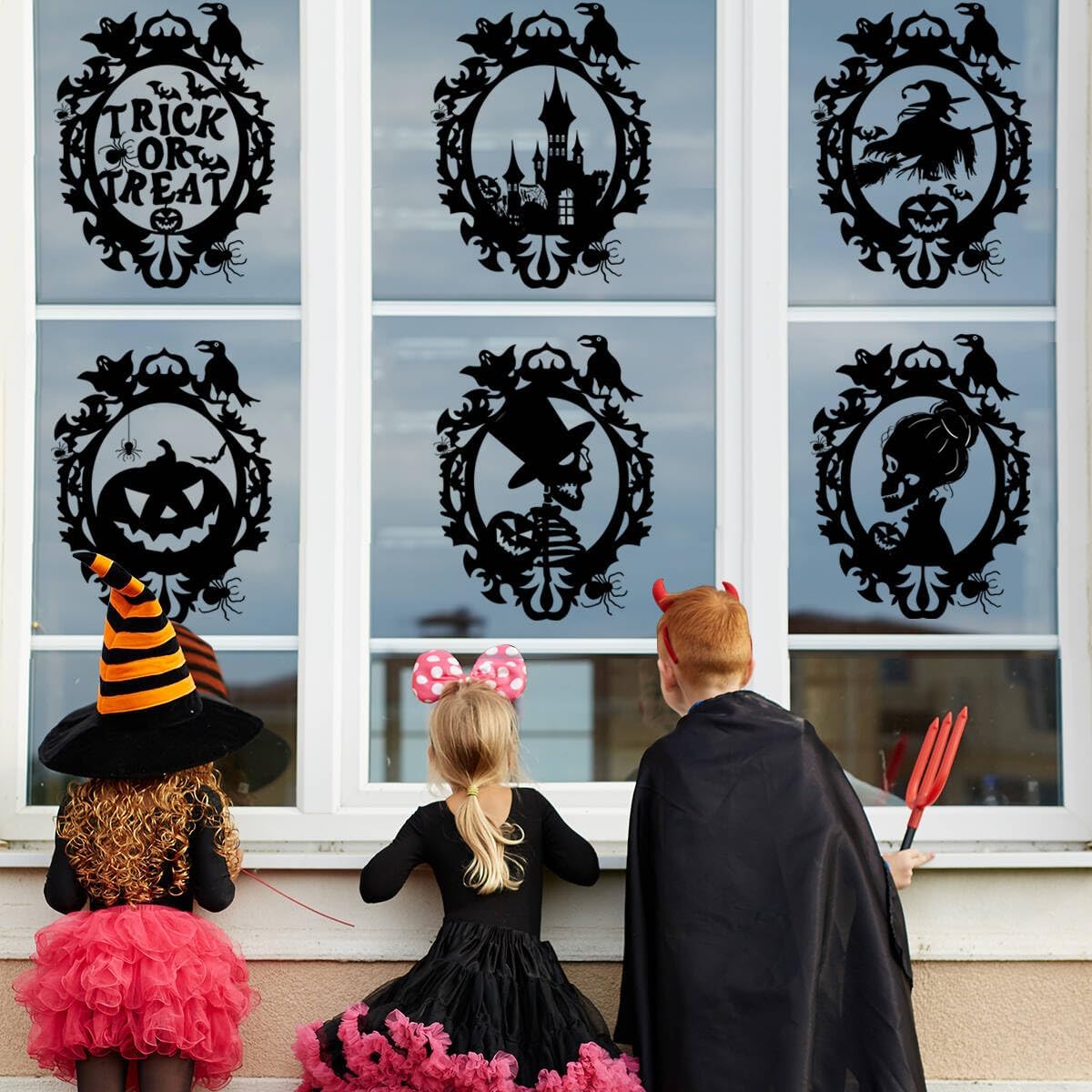 Halloween Wall Decals – Female & Male Skeleton Portraits, Haunted House, Trick or Treat, Pumpkin & Flying Witch, Nursery & Home Wall Stickers