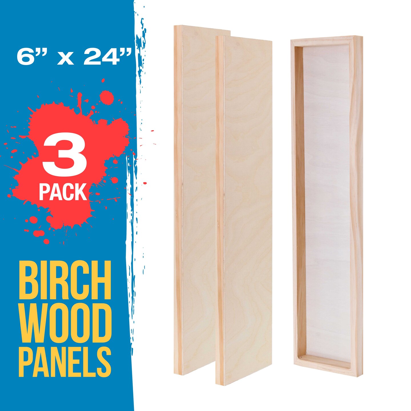 Unfinished Cradled Wood Panels for Painting, 3 Pack of 6x24 inch - Studio Birch Wooden Canvas Boards 3/4&#x22; Deep - Mixed-Media Craft, Acrylic, Oil, Encaustic, Paint Pouring Panel Board