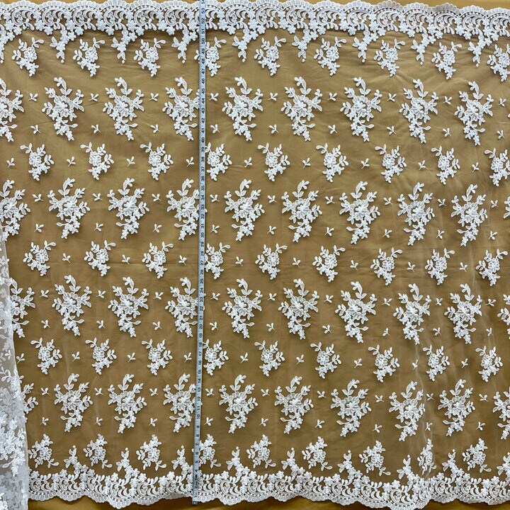 1 Yard Elegant Corded Embroidered Bridal Lace Fabric for Special Occasion White