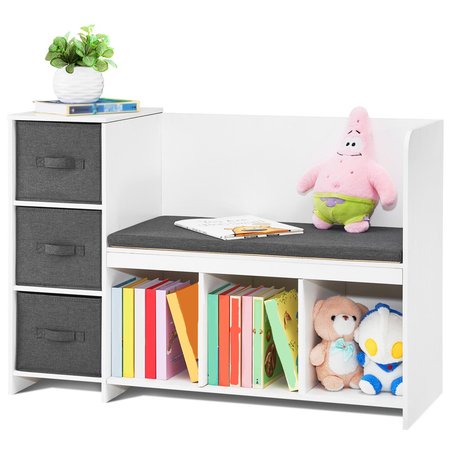 Kids Storage Bench with 6 Compartments 3 Drawers and Removable Cushion for Playroom