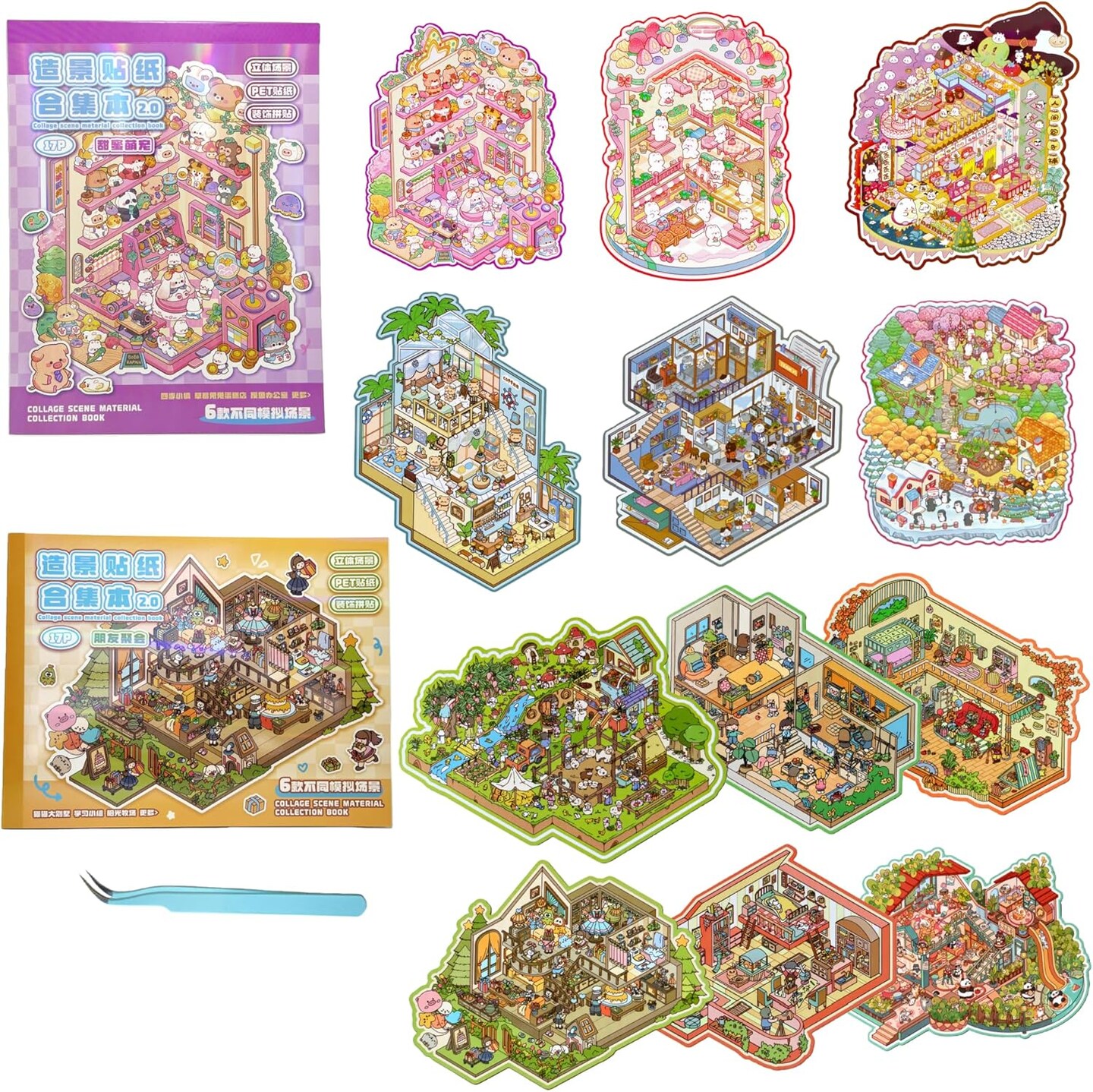 12 Sets Large 3D Sticker Scene Book for Adults & Teens, DIY 12 Sets Large 3D Sticker Scene Book for Adults & Teens, DIY