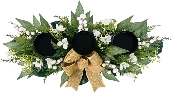 Candle Holders Centerpiece for Table,3 Wick Candle Holder with Gypsophila Artificial Flower,Artificial Magnolia,Freesia and Holly Berries for Table Centerpiece Decor,Dining Room Decor,Desktop Decor